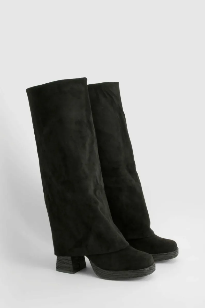 Over The Knee Boots|Knee High Boots*boohoo Stacked Heel Fold Over Knee High Boot black