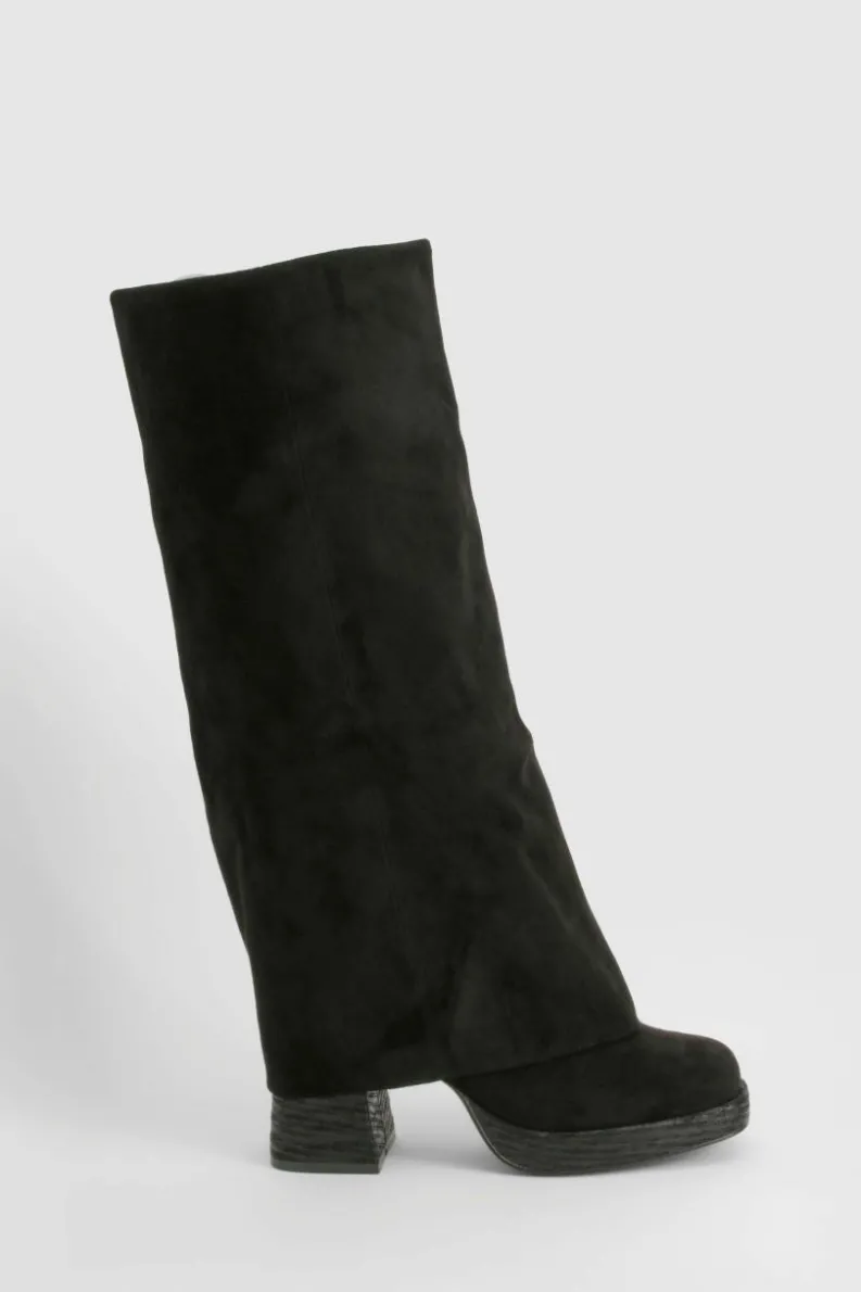 Over The Knee Boots|Knee High Boots*boohoo Stacked Heel Fold Over Knee High Boot black