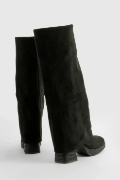Over The Knee Boots|Knee High Boots*boohoo Stacked Heel Fold Over Knee High Boot black