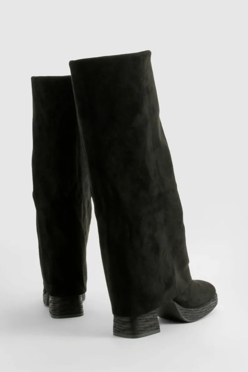 Over The Knee Boots|Knee High Boots*boohoo Stacked Heel Fold Over Knee High Boot black