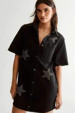 Shirt Dresses*NastyGal Star Studded Denim Shirt Dress black
