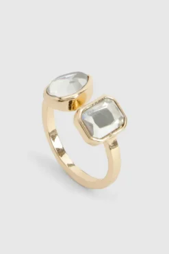 Rings*boohoo Statement Double Diamante Ring gold
