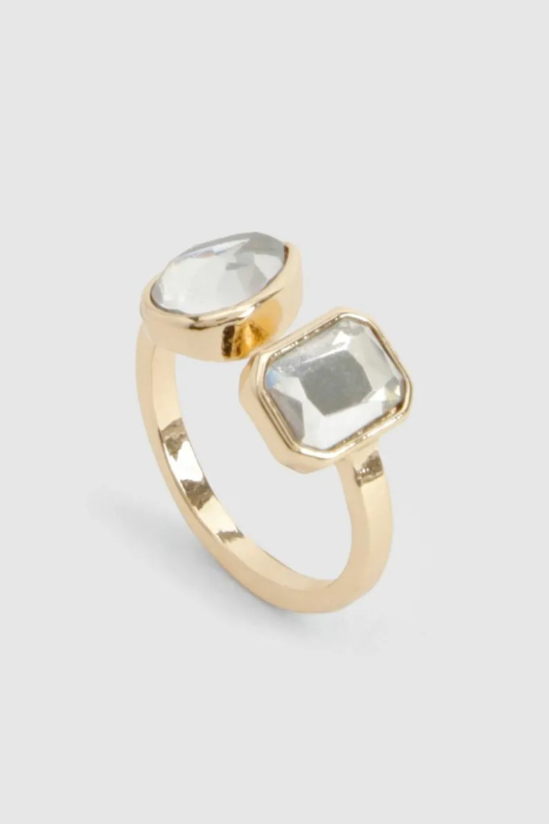 Rings*boohoo Statement Double Diamante Ring gold