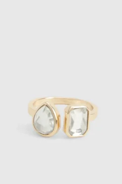 Rings*boohoo Statement Double Diamante Ring gold