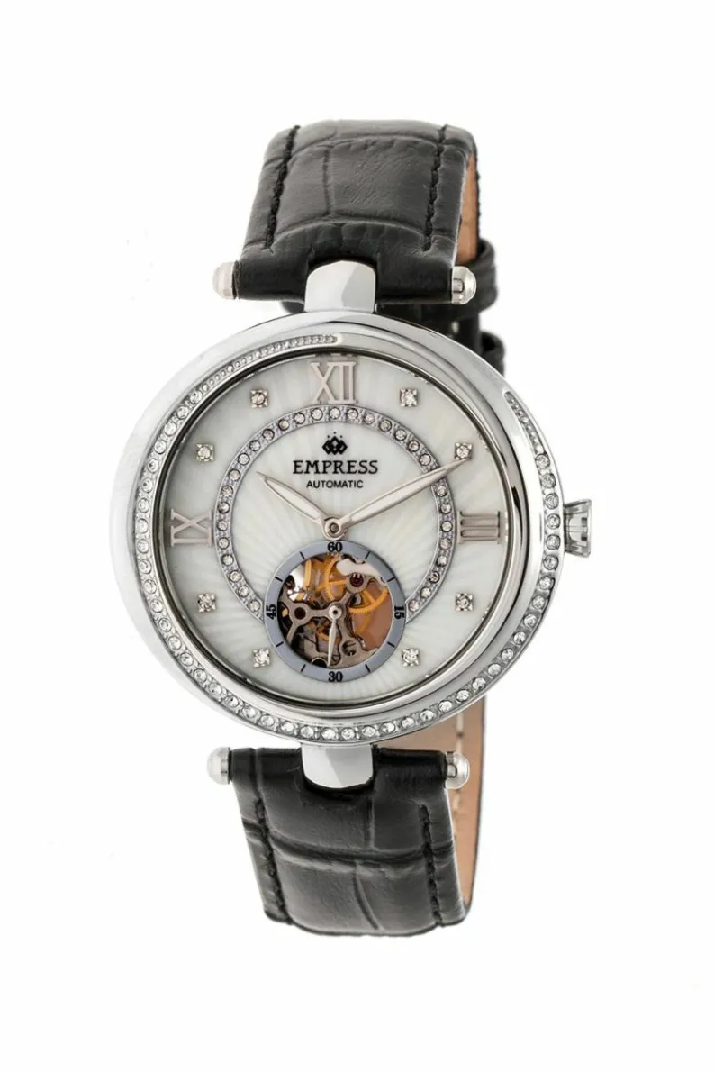 Watches*Empress Stella Automatic Semi-Skeleton MOP Leather-Band Watch White
