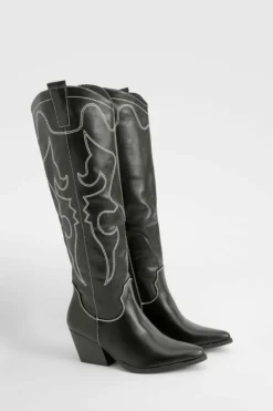 Cowboy Boots|All Boots*boohoo Stitch Detail Over The Knee Western Boots black