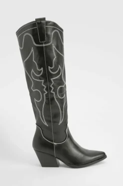 Cowboy Boots|All Boots*boohoo Stitch Detail Over The Knee Western Boots black