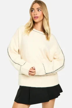 Oversized Jumpers|Jumpers*boohoo Stitch Detail Soft Knit Oversized Crew Neck Jumper ecru