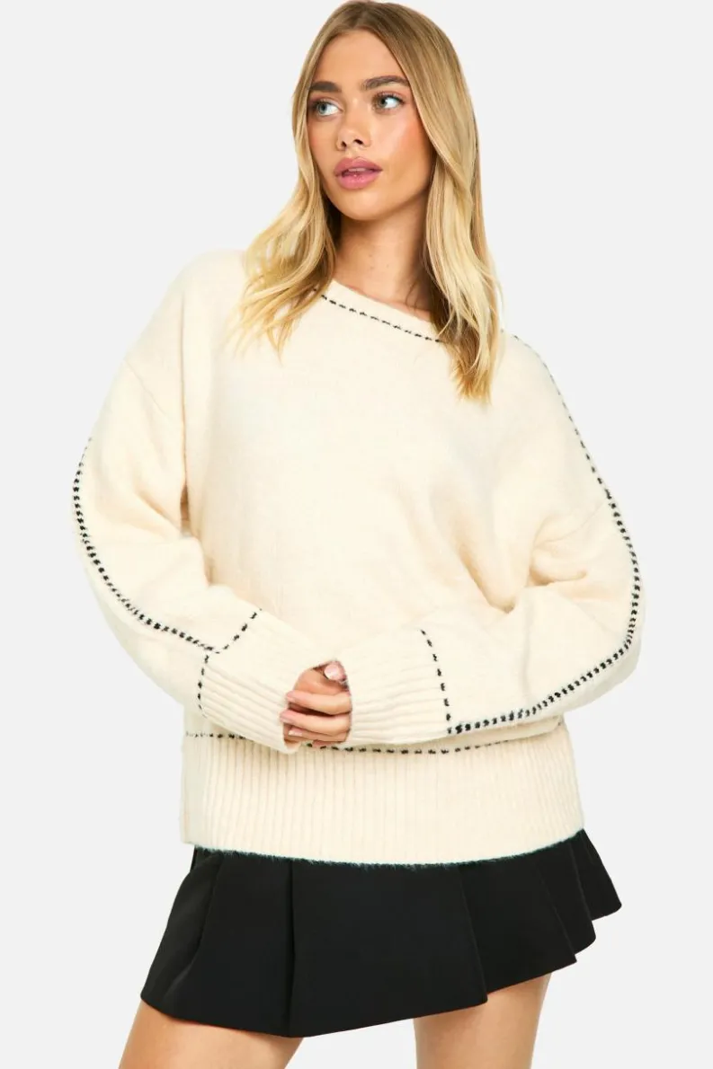 Oversized Jumpers|Jumpers*boohoo Stitch Detail Soft Knit Oversized Crew Neck Jumper ecru