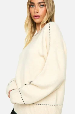 Oversized Jumpers|Jumpers*boohoo Stitch Detail Soft Knit Oversized Crew Neck Jumper ecru