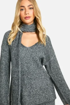 Oversized Jumpers|Jumpers*boohoo Stitch Detail V Neck Oversized Knitted Jumper And Scarf grey
