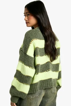 Oversized Jumpers|Jumpers*boohoo Stitch Detail Wave Stripe Boxy Oversized Knitted Jumper soft lime