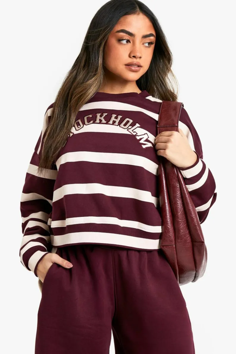Sweatshirts|Bottoms*boohoo Stockholm Striped Cropped Sweatshirt burgundy