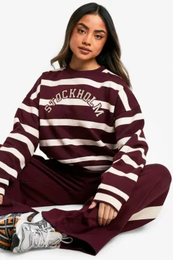 Sweatshirts|Bottoms*boohoo Stockholm Striped Cropped Sweatshirt burgundy