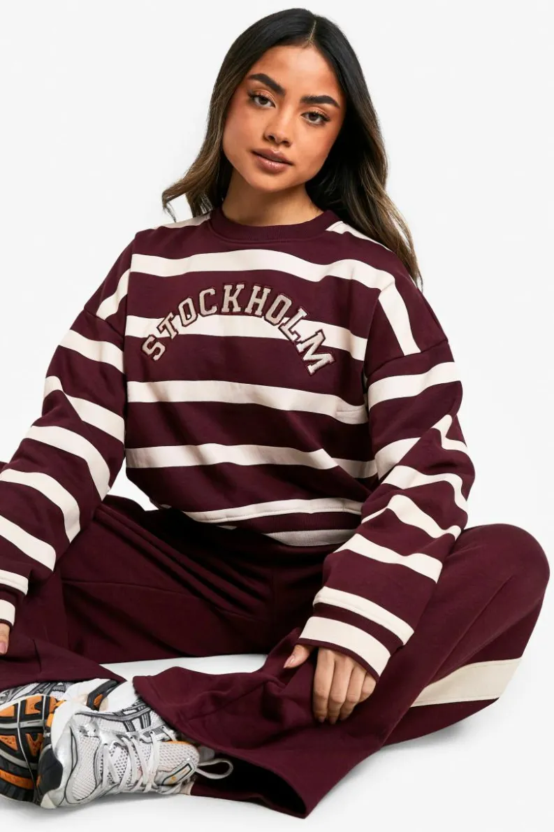 Sweatshirts|Bottoms*boohoo Stockholm Striped Cropped Sweatshirt burgundy