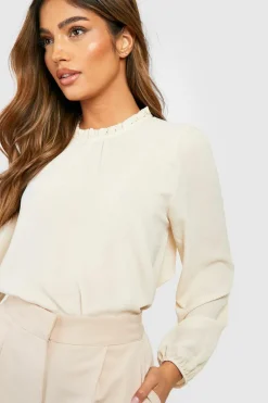 Long Sleeve Tops|Suits & Tailoring*boohoo Frill Neck Long Sleeve Woven Blouse stone