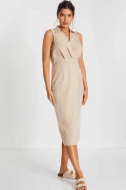 Shirt Dresses|Midi Dresses*Quiz Linen Look Midi Shirt Dress Stone