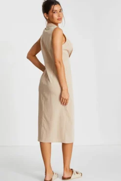 Shirt Dresses|Midi Dresses*Quiz Linen Look Midi Shirt Dress Stone