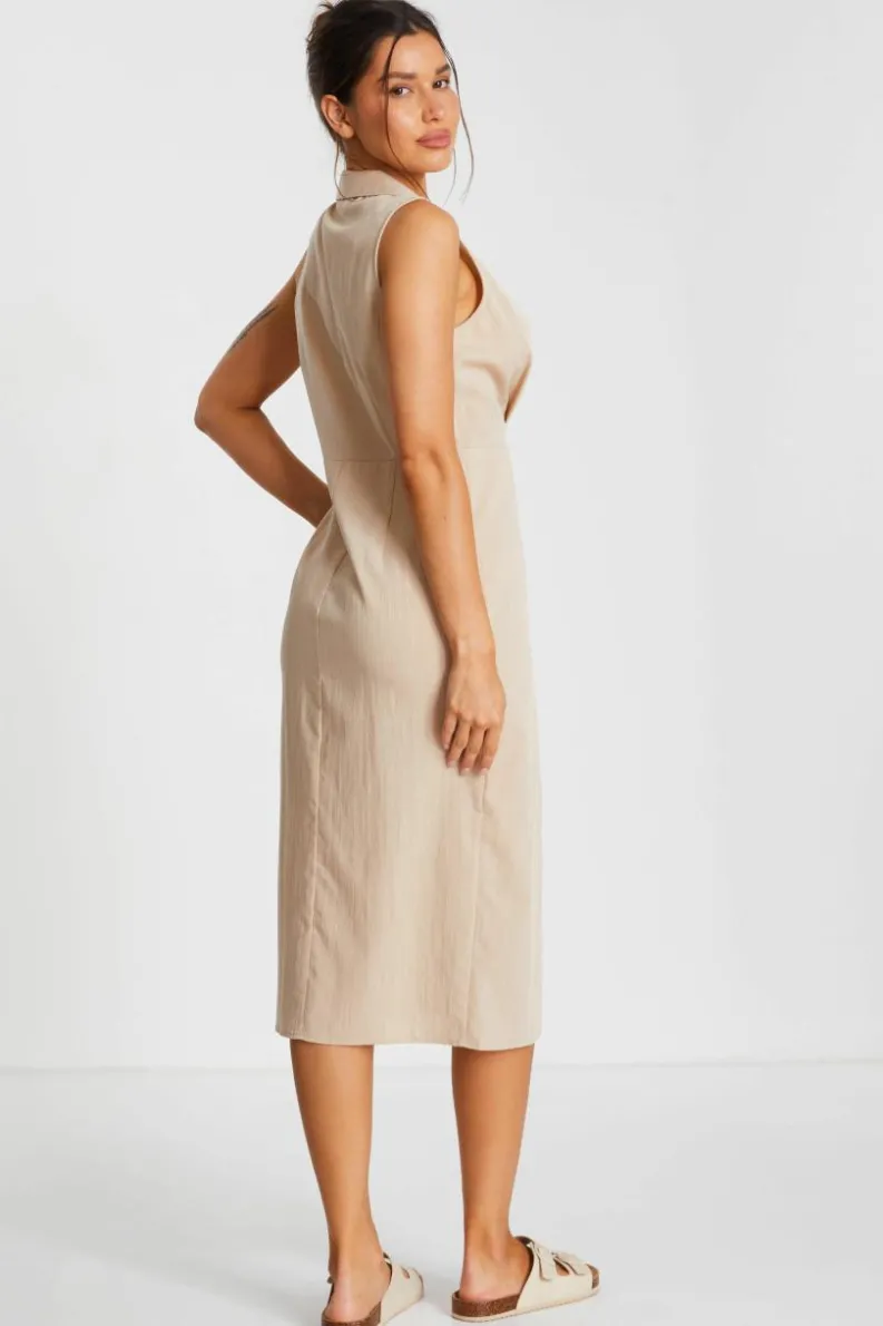 Shirt Dresses|Midi Dresses*Quiz Linen Look Midi Shirt Dress Stone