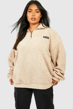 Sweatshirts|Hoodies & Sweatshirts*boohoo Plus Borg Funnel Neck Zip Sweater stone