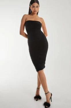 Midi Dresses*Pink Vanilla Strapless Ruched Slinky Midi Dress Black