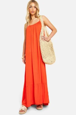 Smock Dresses*boohoo Strappy Cheesecloth Maxi Dress red