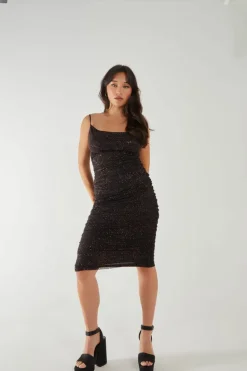 Midi Dresses*Pink Vanilla Strappy Cowl Neck Glitter Midi Dress Black