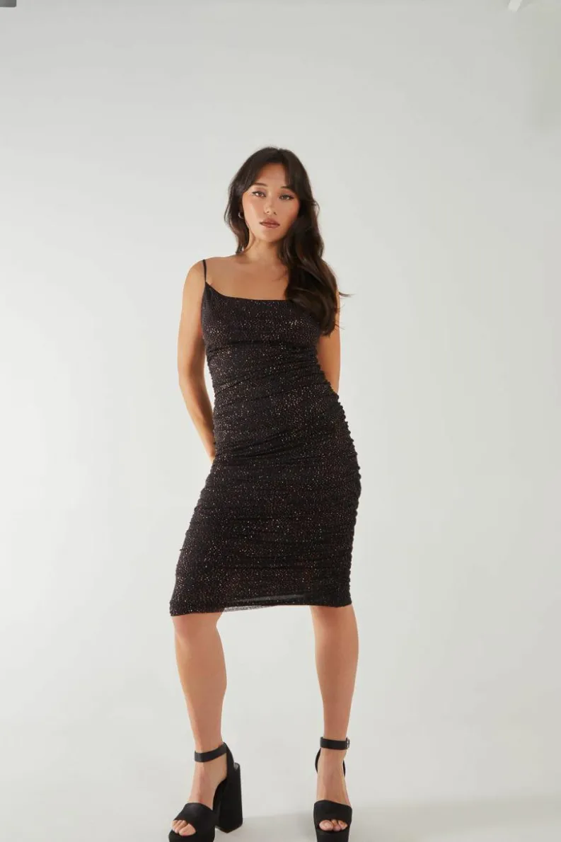 Midi Dresses*Pink Vanilla Strappy Cowl Neck Glitter Midi Dress Black