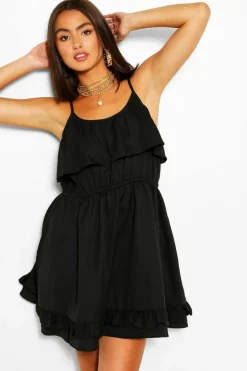 Smock Dresses*boohoo Strappy Frill Detail Swing Dress black