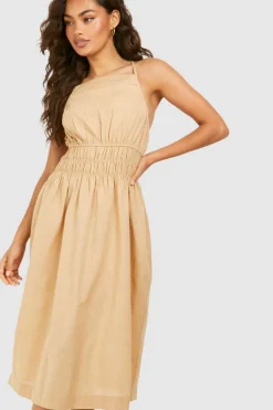 Shirt Dresses|Midi Dresses*boohoo Strappy Linen Look Shirred Waist Midi Dress stone