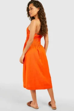 Skater Dresses|Midi Dresses*boohoo Strappy Linen Look Shirred Waist Midi Dress orange