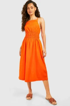 Skater Dresses|Midi Dresses*boohoo Strappy Linen Look Shirred Waist Midi Dress orange