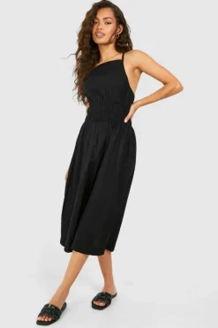 Midi Dresses*boohoo Strappy Linen Look Shirred Waist Midi Dress black