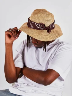 Hats & Gloves|Hats & Gloves*SVNX Straw Fedora Hat With Bandana Printed Band In and Dark Oak Natural