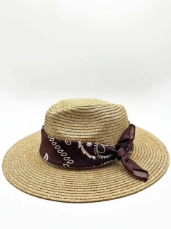 Hats & Gloves|Hats & Gloves*SVNX Straw Fedora Hat With Bandana Printed Band In and Dark Oak Natural