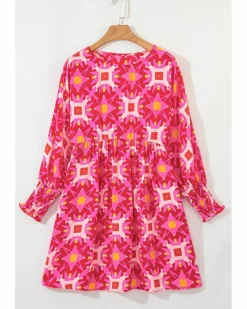 Smock Dresses*Azura Exchange Strawberry Geometric Print Smocked Long Sleeve Mini Dress Pink