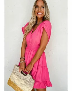 Smock Dresses*Azura Exchange Strawberry Ruched Sleeve V Neck Smock Waist Tiered Ruffled Dress Pink