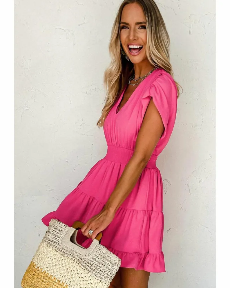 Smock Dresses*Azura Exchange Strawberry Ruched Sleeve V Neck Smock Waist Tiered Ruffled Dress Pink