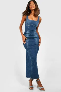 Maxi Dresses|Denim*boohoo Stretch Denim Seam Detail Maxi Dress washed indigo