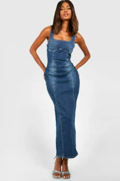Maxi Dresses|Denim*boohoo Stretch Denim Seam Detail Maxi Dress washed indigo