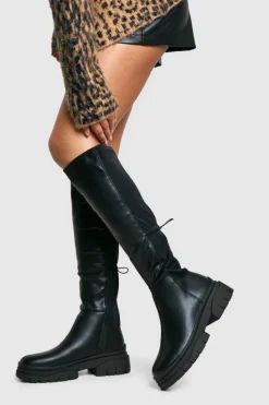 Over The Knee Boots|Knee High Boots*boohoo Stretch Panel Knee High Chunky Boots black