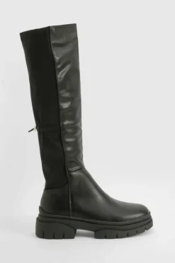 Over The Knee Boots|Knee High Boots*boohoo Stretch Panel Knee High Chunky Boots black