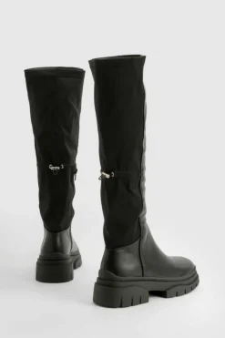 Over The Knee Boots|Knee High Boots*boohoo Stretch Panel Knee High Chunky Boots black