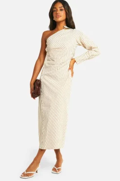 Shirt Dresses|T-Shirt Dresses*boohoo Stripe Asymmetric Shirt Midaxi Dress brown