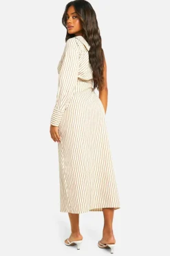 Shirt Dresses|T-Shirt Dresses*boohoo Stripe Asymmetric Shirt Midaxi Dress brown