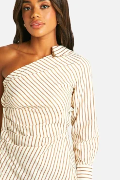 Shirt Dresses|T-Shirt Dresses*boohoo Stripe Asymmetric Shirt Midaxi Dress brown