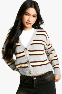 Cardigans*boohoo Stripe Brushed Knit Crop Cardigan grey
