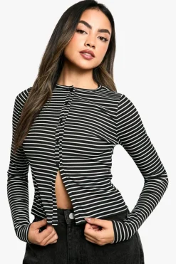 Cardigans|Knitwear*boohoo Stripe Button Through Cardigan black