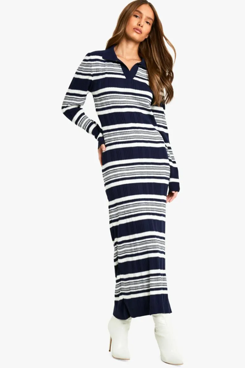 Jumper Dresses|Jumper Dresses*boohoo Stripe Collared Knitted Dress navy