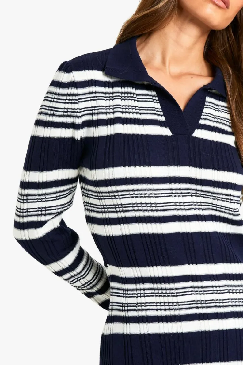Jumper Dresses|Jumper Dresses*boohoo Stripe Collared Knitted Dress navy